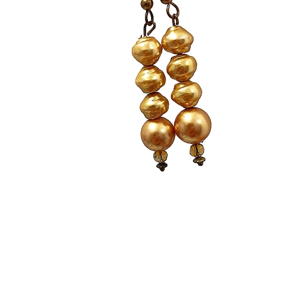 Gold Pearls 1.5" Dangle Earrings Faux REALISTIC Elegant w Svorovswky Crystals - Picture 7 of 10